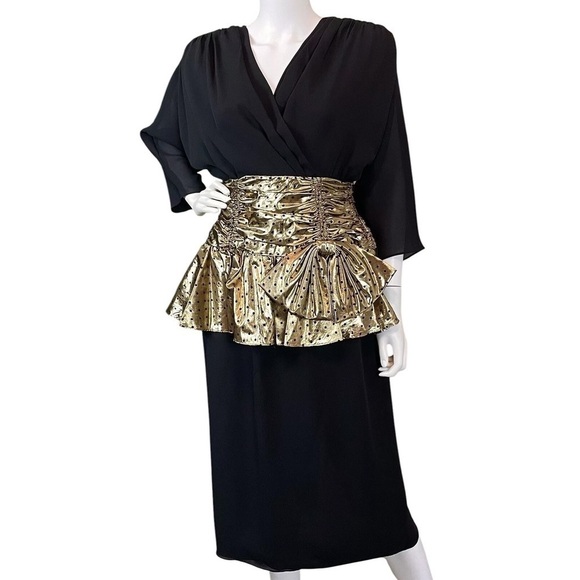 Vtg 80s Pat Richards Pleated Metallic Lame Dot Peplum Dress Black Gold Size 8 - Picture 1 of 8